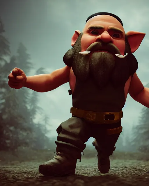 Image similar to bald gnome big white beard, dagger, bomb, running, field, angry, hyper realism, cinematic, volumetric lighting, high detail, octane render, unreal engine, 8 k, depth of field, concept art, dnd, digital art, deviantart artstation, extremely detailed, very sharp, in the style of