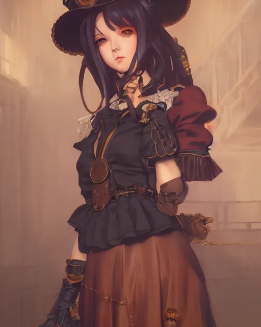 Image similar to a portrait of a steampunk maid, steampunk setting, vivid colors, soft lighting, atmospheric, cinematic, moody, in the style of Ilya Kuvshinov and Range Murata, Krenz Cushart, oil on canvas, 8K