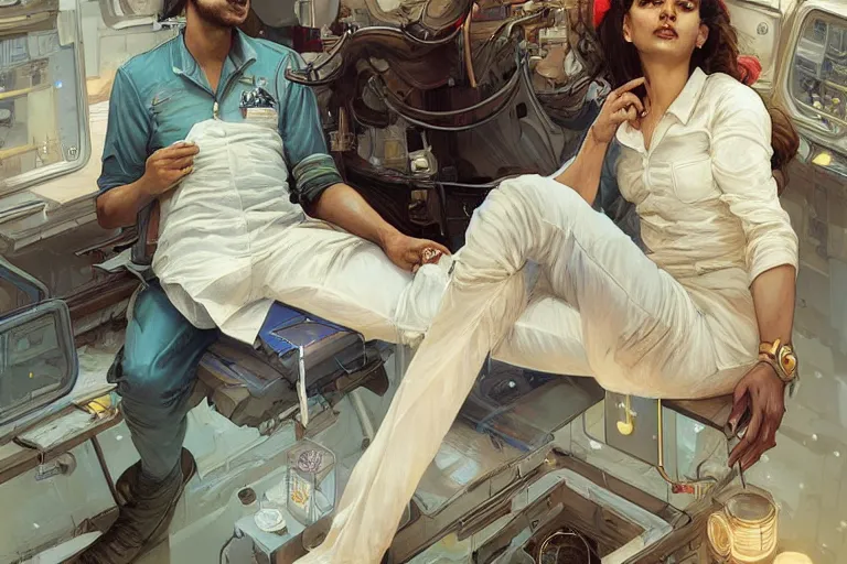 Image similar to Exhausted good looking pale young Indian doctors wearing jeans in a space station above Earth performing surgery, portrait, elegant, intricate, digital painting, artstation, concept art, smooth, sharp focus, illustration, art by artgerm and greg rutkowski and alphonse mucha