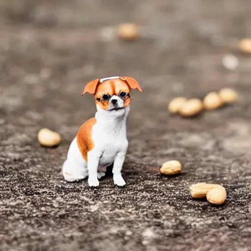 Prompt: A tiny dog sitting on a peanut