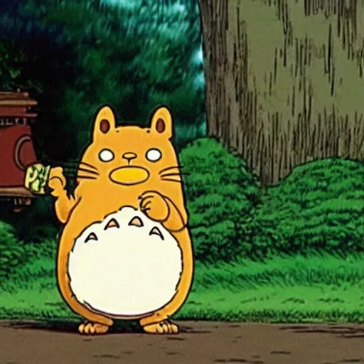 Prompt: A still of Garfield in My Neighbor Totoro (1988)