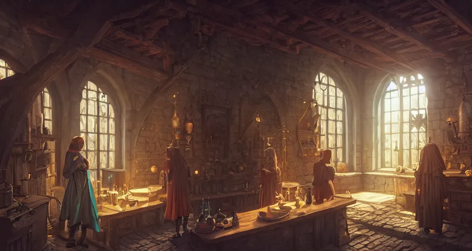 Prompt: highly detailed medieval alchemy lab in a castle, stephen bliss, unreal engine, greg rutkowski, loish, rhads, beeple, makoto shinkai and lois van baarle, ilya kuvshinov, rossdraws, tom bagshaw, tom whalen, alphonse mucha, global illumination, god rays, detailed and intricate environment