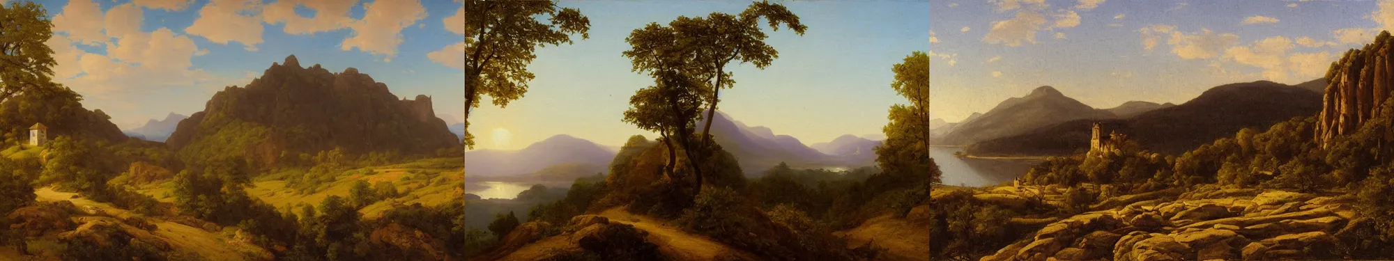 Prompt: hudson river school painting, a small medieval old monastery on the top of a rough, steep mountain with great view on other mountains, epic, no trees, no foliage, realistic light, epic