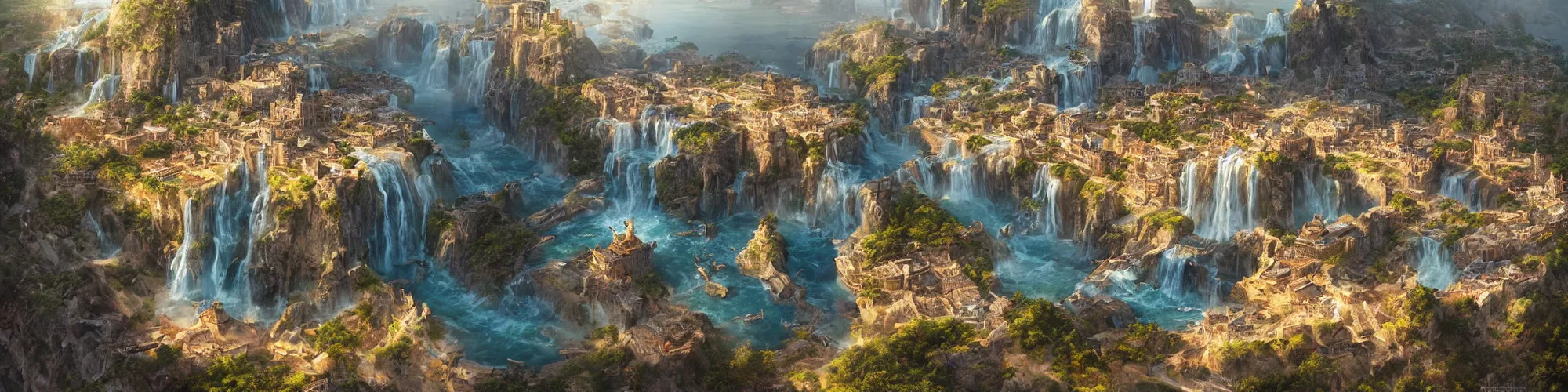 Image similar to Aerial map of a medieval city on top of a giant waterfall, D&D, fantasy, highly detailed, digital painting, artstation, smooth, sharp focus, illustration, art by artgerm and greg rutkowski and james gurney, cinematic, golden hour