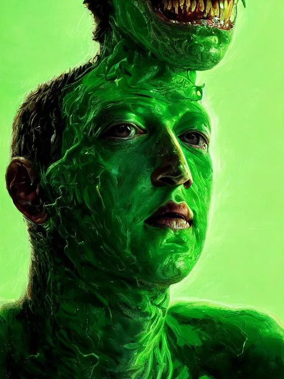 Image similar to portrait of a mark zuckerberg, skin peeling away to reveal bright green! reptile! scales!, forked tongue, art by ryo shiotani and greg rutkowski, intricate, beautiful, cinematic lighting, vintage art by serge ivanoff, high resolution, very detailed