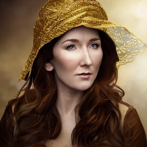 Prompt: realistic portrait of a beautiful Jewel Staite made of gold, Victorian architecture, ultra realistic, 8k