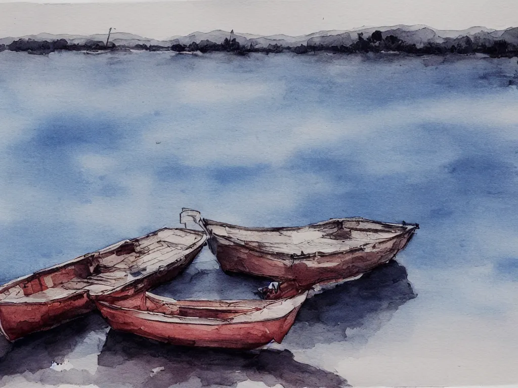 Prompt: a boat is parked on the lake, there is only one person on the boat fishing, cinematic landscape ， natural light, ink painting