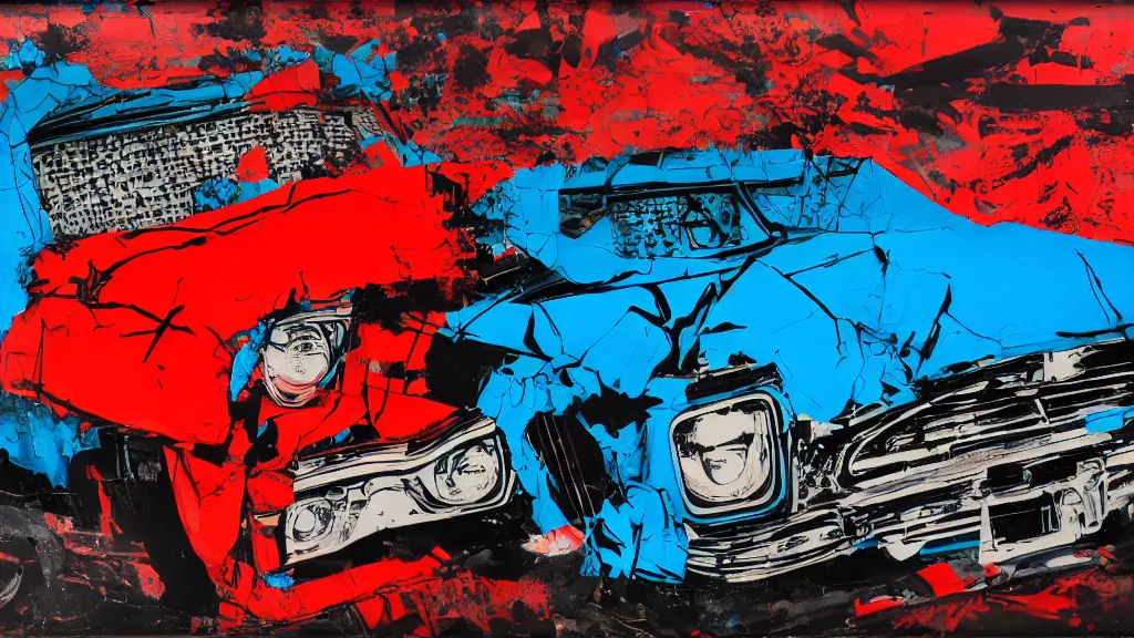 Prompt: lowrider crash test, collage paper and tape, black, blue, acid and red oil, acrylic on canvas, expressionism, high resolution, cinematic, unreal 6 breathtaking detailed, by blake neubert