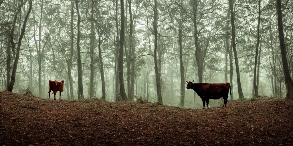 Image similar to photo of a cow standing on 2 legs hiding behind a tree in a dark gloomy forest