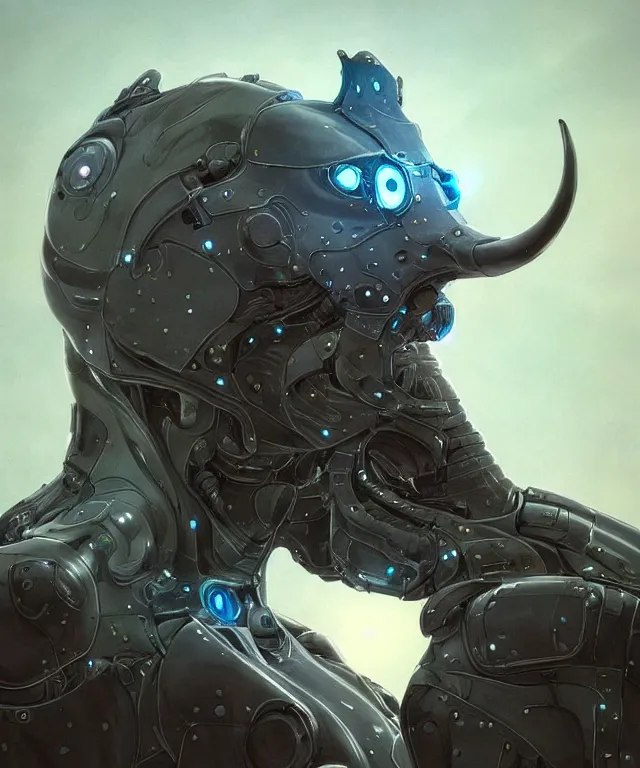 Image similar to an anthropomorphic rhinoceros portrait wearing a part cybernetic body, surrealism , scifi, intricate mecha armor, elegant, highly detailed cybernetic body, neon glowing eyes, digital painting, artstation, concept art, smooth, sharp focus, illustration, art by Artgerm and moebius and Peter Mohrbacher