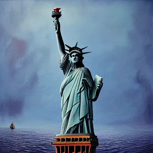 Prompt: extremely realistic statue of liberty, Painting by Erik Johansson, micro detailing