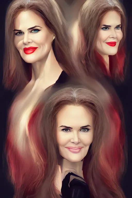 Image similar to mix of beautiful young maria shriver, mariel hemmingway, brooke shields, nicole kidman and elle macpherson as a vampire showing vampire teeth, ready to bite, thin lips, hair tied up in a pony tail, dark blonde hair, colorful, deviantart, artstation, cgsociety