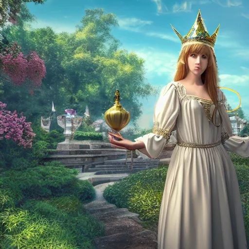 Image similar to a very detailed, ultra-realistic, pleasant, beautiful, funny, smooth 3D CG render, semirealistic anime style, close-up of a gorgeous, cute, gentle, noble priestess magician princess girl wearing dress and jewelry, in a glorious magic kingdom with castle and walls, relaxing calm vibes, fairytale, octane render