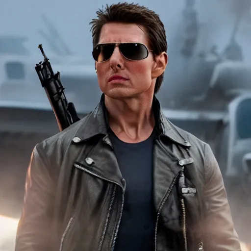 Image similar to film still of tom cruise as the terminator in terminator 8 ( 2 0 2 3 )