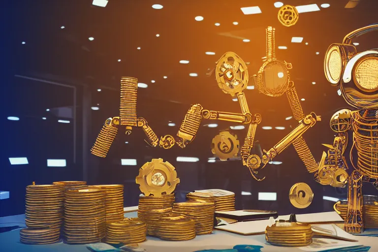 Image similar to photo of a golden and blue metal steampunk office robot with gears and tubes sitting in a modern office, on the office table and floor is a mountain of money bills, eyes are glowing red lightbulbs, shiny crisp finish, 3 d render, 8 k, insaneley detailed, fluorescent colors, background is multicolored lasershow