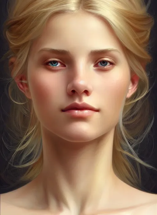 Image similar to beautiful feminine face! portrait of young woman blessed by god with ever - increasing physical mental perfection, blonde hair, symmetrical! intricate, elegant, highly detailed, holy perfection!! smile, feminine features, digital painting, artstation, concept art, smooth, sharp focus, illustration, art by artgerm and greg rutkowski and alphonse mucha