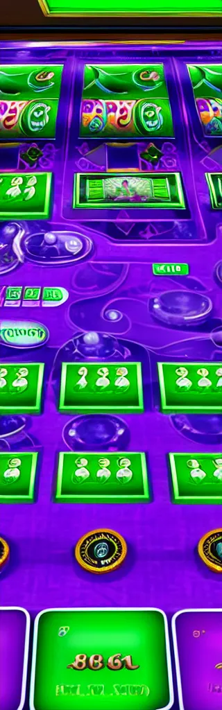 Image similar to purple and green slots casino interface, material design