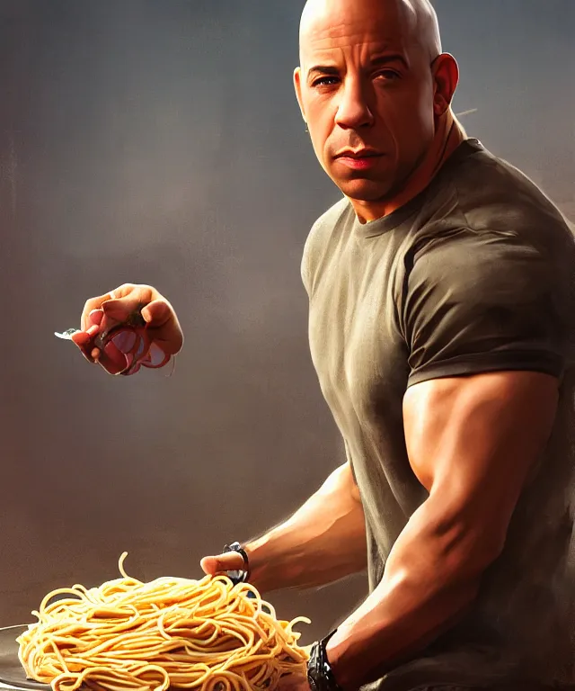 Prompt: vin diesel, cinematic, wearing a hard hat, eating spaghetti, elegant, highly detailed, digital painting, artstation, smooth, hard focus, illustration, art by jessica rossier and and brian froud