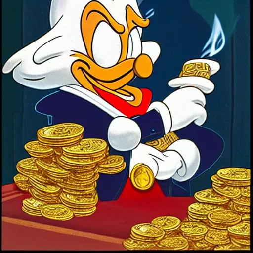 Prompt: scrooge sitting in a pile of gold coins and smoking a cigar, disney, carl barks