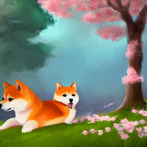 Image similar to a cute fluffy shiba inu plays under the cherry blossom tree, highly detailed, digital painting, artstation, concept art, movie still, smooth, sharp focus uhd 8 k