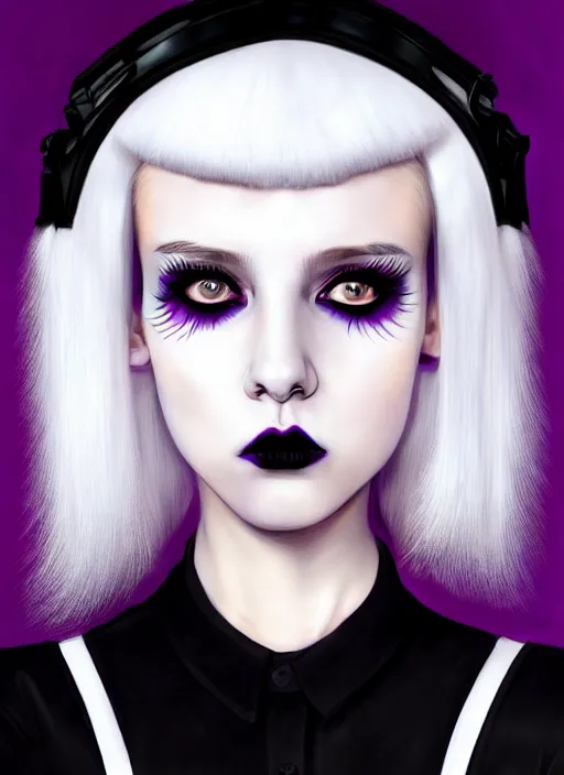 Prompt: portrait of white teenage girl, normal face, black bangs, mall goth, cyberlox, black hair with white bangs, black and white hair, bangs, fluffy bangs, red contacts, purple lipstick, intricate, elegant, highly detailed, digital painting, artstation, concept art, sharp focus, smooth, illustration, art by wlop, mars ravelo and greg rutkowski