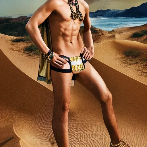 Prompt: An editorial portrait in of a versace model standing in sand dunes the style Dean, Roger highly detailed David Lachapelle