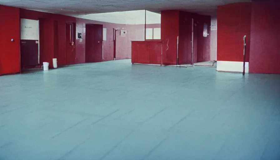 Prompt: 60s movie still of a sovietic stalinist style empty blue tiles room with visible toilets, cinestill 800t 50mm eastmancolor, liminal Space style, heavy grain-s 150