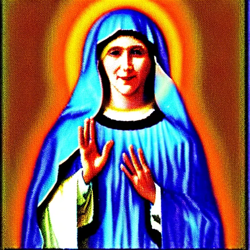 Image similar to vhs static overlay of virgin mary, vhs, 1 9 9 0, highly realistic, highly detailed, vhs noise static