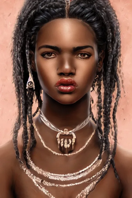 Prompt: A bust of a beautiful black skinned Australian indigenous girl with large lips and smooth eyebrows and straight hair, HD, illustration, epic, fantasy, intricate, elegant, amazing detail, digital painting, artstation, concept art, smooth, sharp focus, illustration, art by Turine Tran