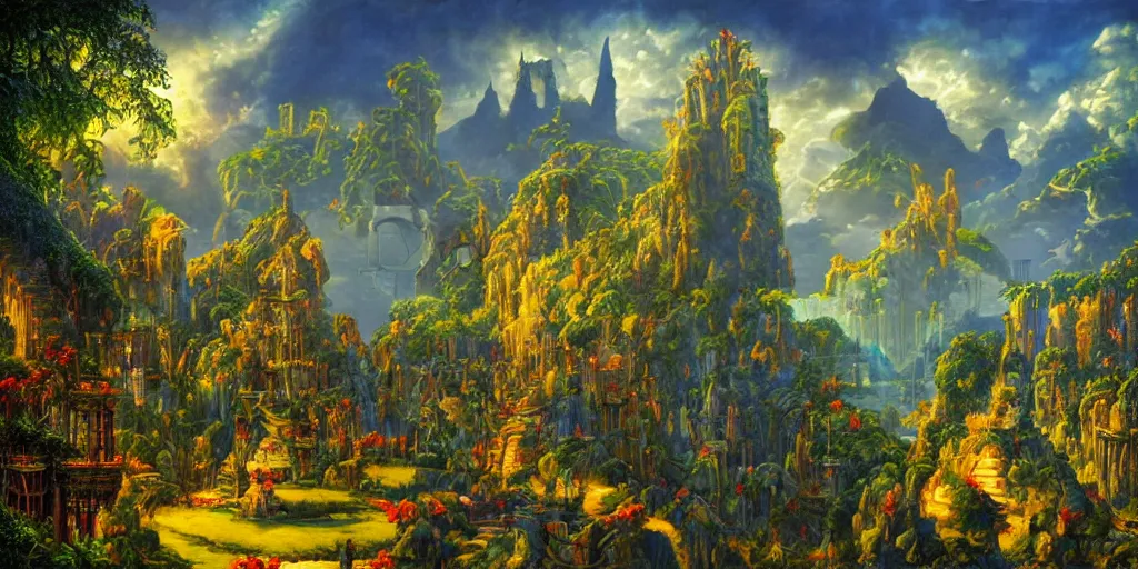 Image similar to fantasy oil painting, regale, fortress mega structure city, colossus of rhodes, atlantis, hybrid, looming, warm lighting, overlooking, epic, lush plants flowers, rainforest mountains, bright clouds, luminous sky, outer worlds, cinematic lighting, michael cheval, michael whelan, oil painting, natural tpose