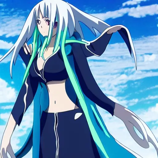 Image similar to rimuru tempest from that time i got reincarnated as a slime wearing a black trench coat, standing heroically beneath the sun, low - angle shot, art nouveau