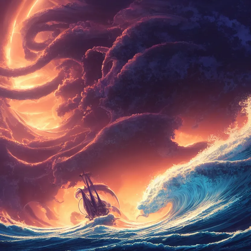 Prompt: treasure planet, kraken in stormy sea with huge waves, clouds, stars, rings, beautiful lighting, vivid colors, intricate, elegant, smooth, highly detailed digital painting, concept art, cinematic, unreal engine, wallpaper, by syd mead, terada katsuya, atey ghailan, svetlin velinov, makoto shinkai art style