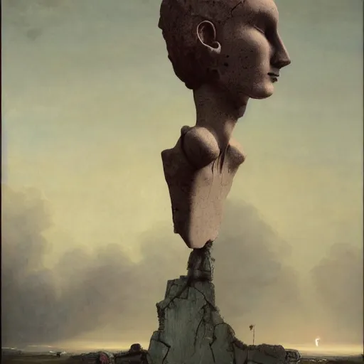 Prompt: whimsical hyperrealistic surrealism, David Friedrich, award winning masterpiece with incredible details, Zhang Kechun, a surreal vaporwave vaporwave vaporwave vaporwave vaporwave painting by Thomas Cole of a gigantic broken mannequin head sculpture in ruins, astronaut lost in liminal space, highly detailed, trending on ArtStation