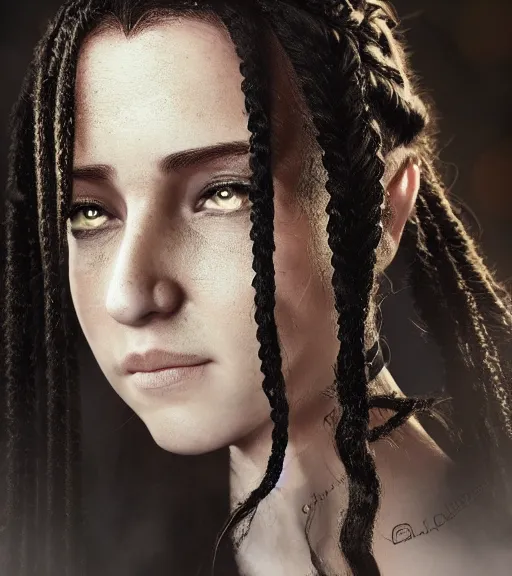 Prompt: a beautiful, smooth octane render of a daughter of the moon clan, with long, black, braided hair : nighttime, low light, dark forest. strong, dabbled light falls on her face. esoteric, highly detailed, sharpness. victorian dress. hyper realistic. canon eos ef 5 0 mm. trending on artstation.