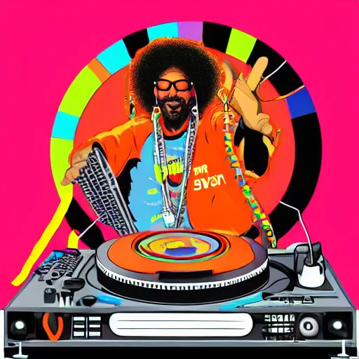 Image similar to svg sticker of a Dancing-Ben-Harper-Snoop-Spike-Lee-with-a-large-Afro-Puff, at a rave, spinning records, giant headphones rocking out, wearing headphones, huge speakers, dancing, rave, DJ, spinning records, digital art, amazing composition, rule-of-thirds, award-winning, trending on artstation, featured on deviantart