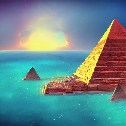 Image similar to ancient pyramid in the middle of the sea, retrowave epic art, trending on art station