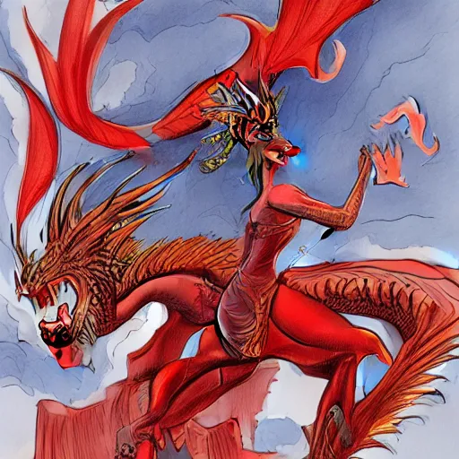 Image similar to Lady Liberty riding the red dragon of 龙, illustration, concept art, in the style of Arthur Adams