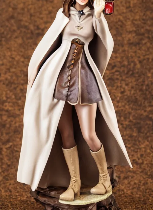 Prompt: 80mm resin detailed miniature of a female alchemist with short brown hair wearing a short dress, white stockings, leather boots and cape, Product Introduction Photos, 4K, Full body