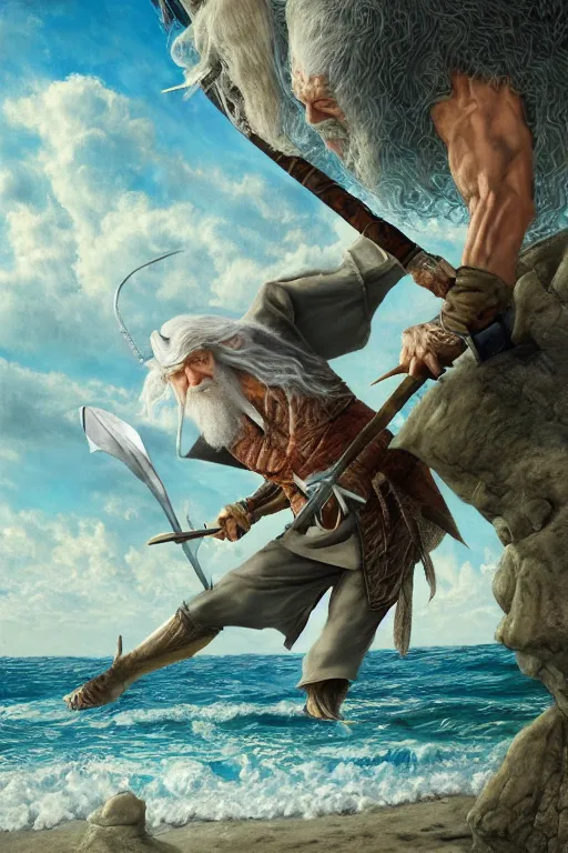 Image similar to gandalf attacks bikini bottom, oil on canvas, intricate, 8 k highly professionally detailed, hdr, cgsociety