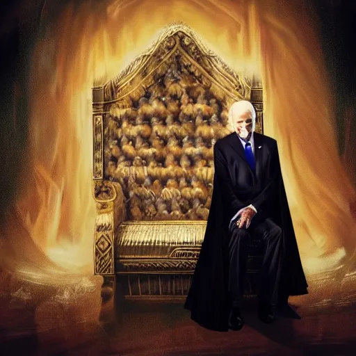 Image similar to joe biden sitting on a throne in a dark evil room with a cloak obscuring his eyes, evil grin, horror, terrifying artwork