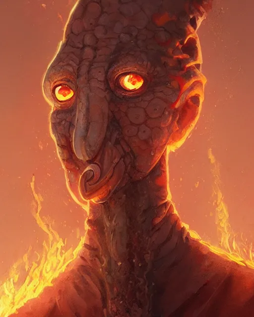 Image similar to tentacled [ squidward ], detailed face, wearing fire nation clothing and practicing firebending outside at susnset, [ greg rutkowski ]