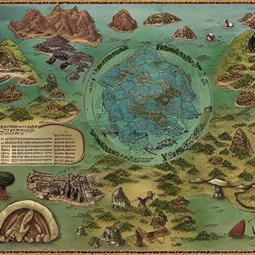 Prompt: an incredibly detailed map of a fantasy world with elaborate biomes and illustrations