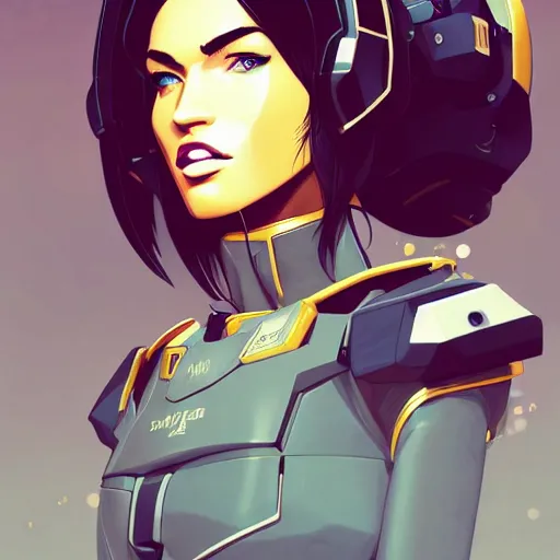 Prompt: portrait of stunning megan fox gundam pilot, with an intricate, detailed, urban inspired hiphop afro futuristic helmet, vector behance hd jesper ejsing, rhads, makoto shinkai, lois van baarle, ilya kuvshinov, rossdraws, hd, 3 2 k, ilya kuvshinov, gustav klimt