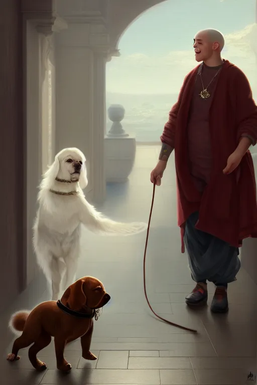 Prompt: Pete Davidson As A Midget Dog Being Walked By Kim Kardashian As An Old Lady illustration, soft lighting, soft details, painting oil on canvas by Edmund Blair Leighton and Charlie Bowater octane render, HDR, trending on artstation, 4k, 8k, HD