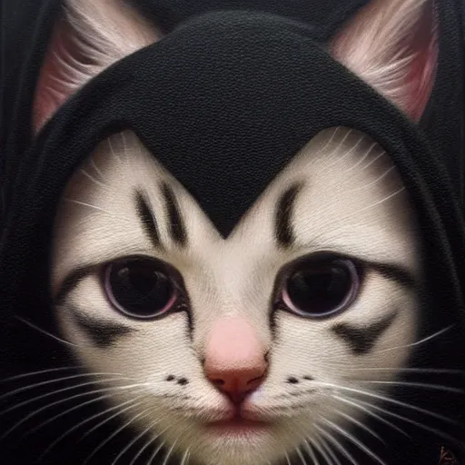 Image similar to a portrait of a kitten wearing a black hood, cloak covering face, anatomically correct, beautiful perfect face, enigmatic, oil painting, matte, black background, Volumetric dynamic lighting, Highly Detailed, Cinematic Lighting, Unreal Engine, 8k, HD, by Beksinski