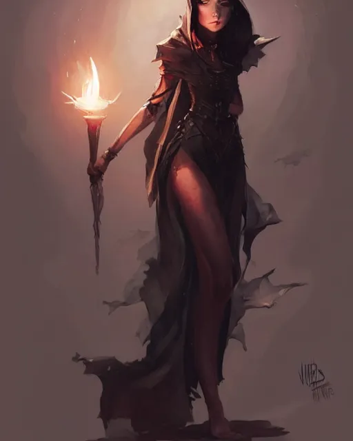 Prompt: style of hubert robert, artgerm : : gorgeous willa holland : : evil witch, swirling black magic, black dress : : symmetrical face, symmetrical eyes : : full body pose : : gorgeous black hair : : magic lighting, low spacial lighting : :