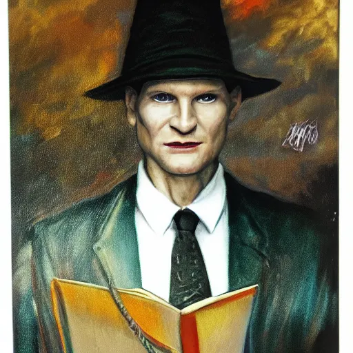 Prompt: a young crispin glover as a dark fantasy wizard, oil painting, 8 k, cover of a book, ominous, heroic