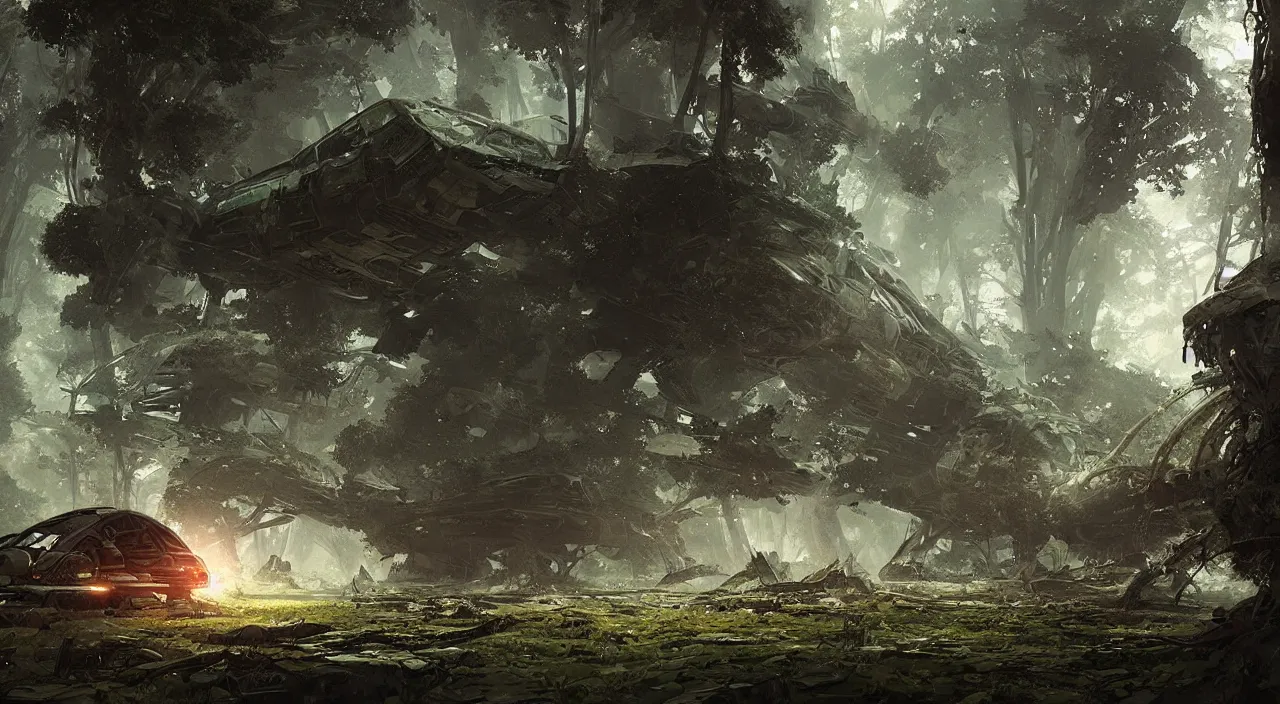 Image similar to a giant spaceship wrecked and lost in the forest, detailed digital art by greg rutkowski.