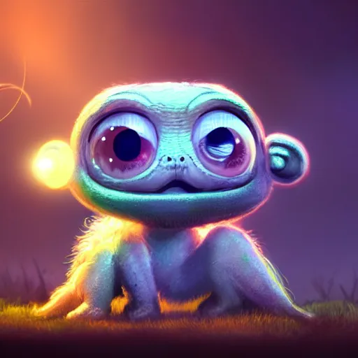 Image similar to adorable glowing creature, trending on artstation, cute, big eyes, matte painting, concept art, pixar, disney, highly detailed, cinematic composition, unreal engine, 3 d rendered in octane