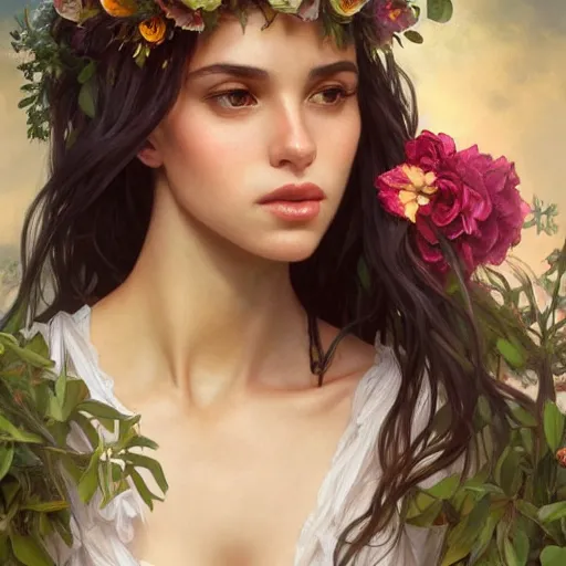 Image similar to Instagram Model with flowers in her hair, olive skin, long dark hair, beautiful bone structure, intricate, elegant, highly detailed, digital painting, artstation, concept art, smooth, sharp focus, illustration, art by artgerm and greg rutkowski and alphonse mucha